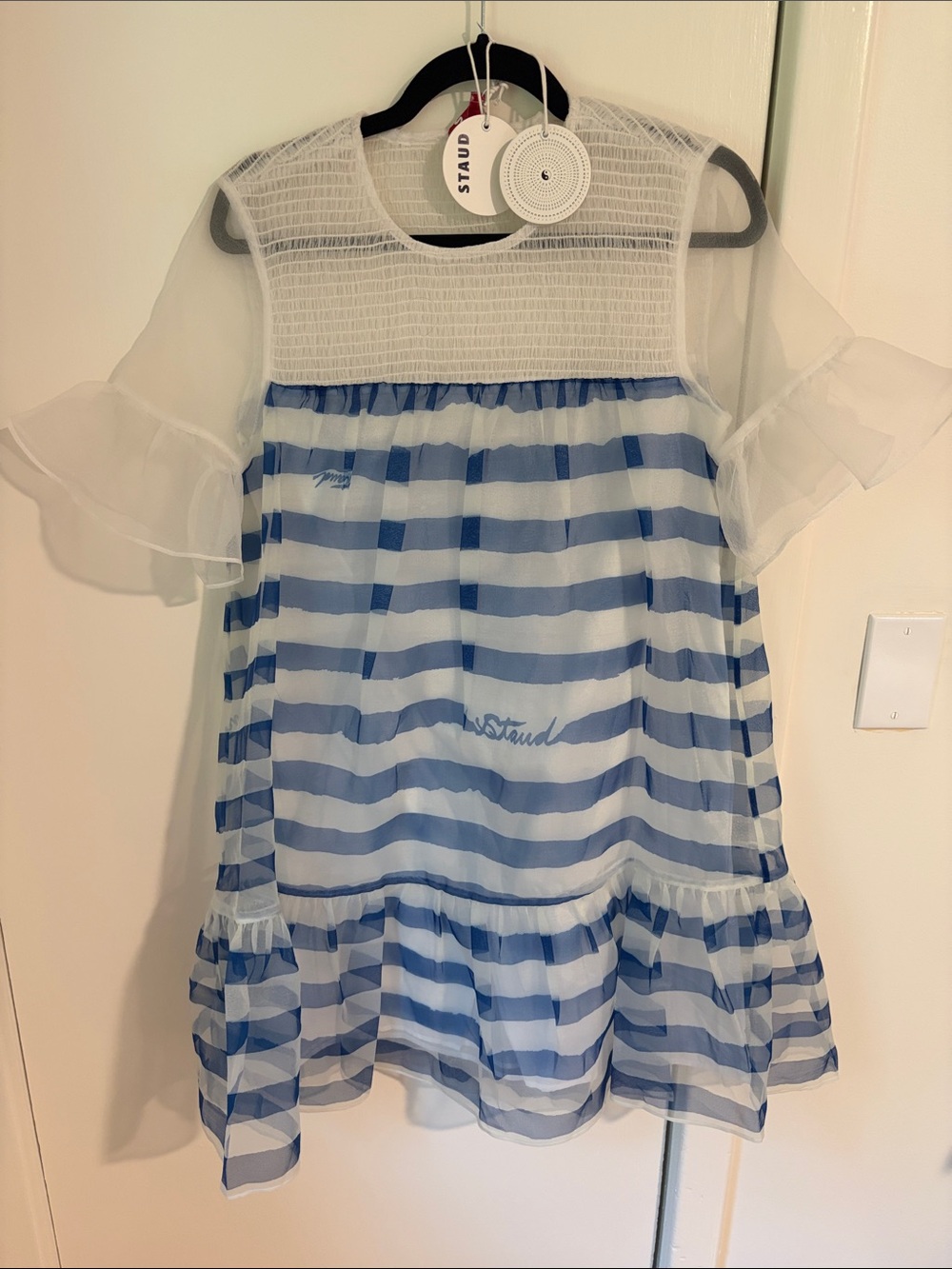 STAUD | Dresses | Staud White And Blue Striped Womens Chiffon Tiered Dress